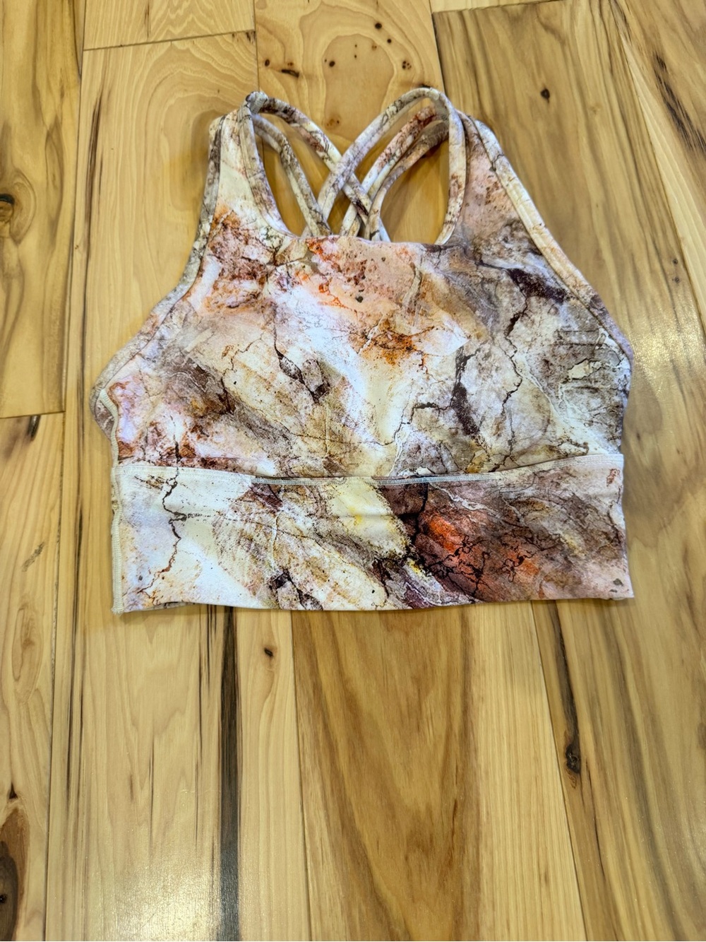 CALIA by Carrie Underwood Marble-Print Sports Bra in White, Brown, Orange
